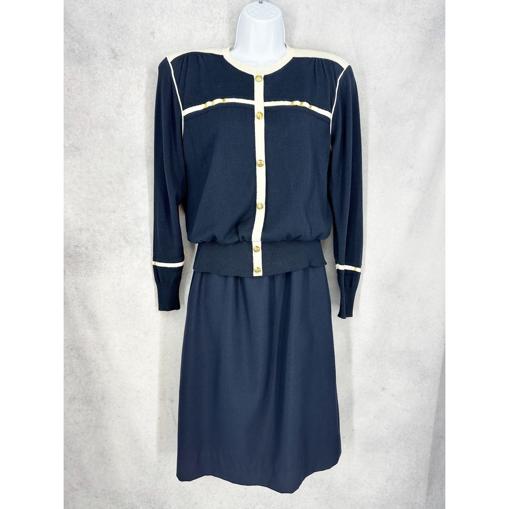 Vintage Ciao Ltd Navy Blue Silk Blend Knit Blouson Midi‎ Dress Women's Size 8